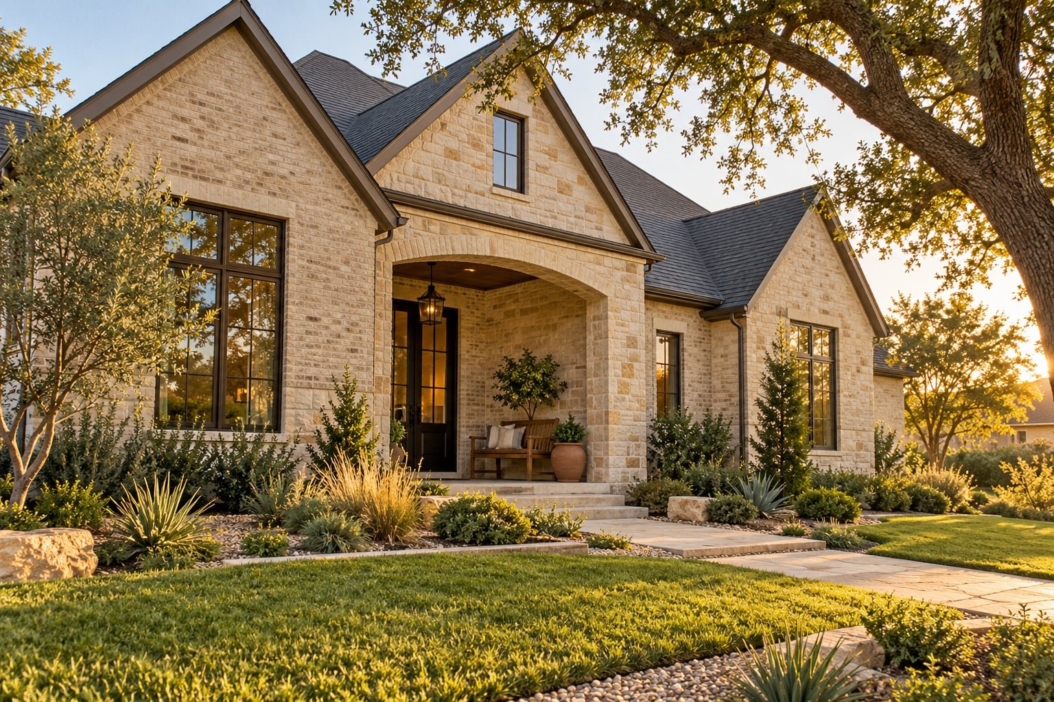 Illustrative Dallas–Fort Worth area home at dusk